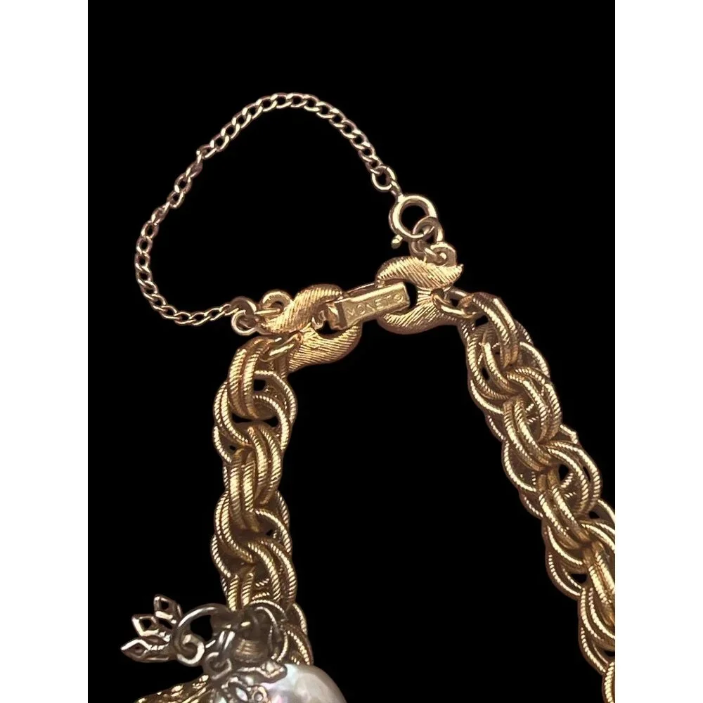 Vintage Monet Gold-Plated Charm Bracelet With Pearl & Textured Accents - Picture 4 of 4
